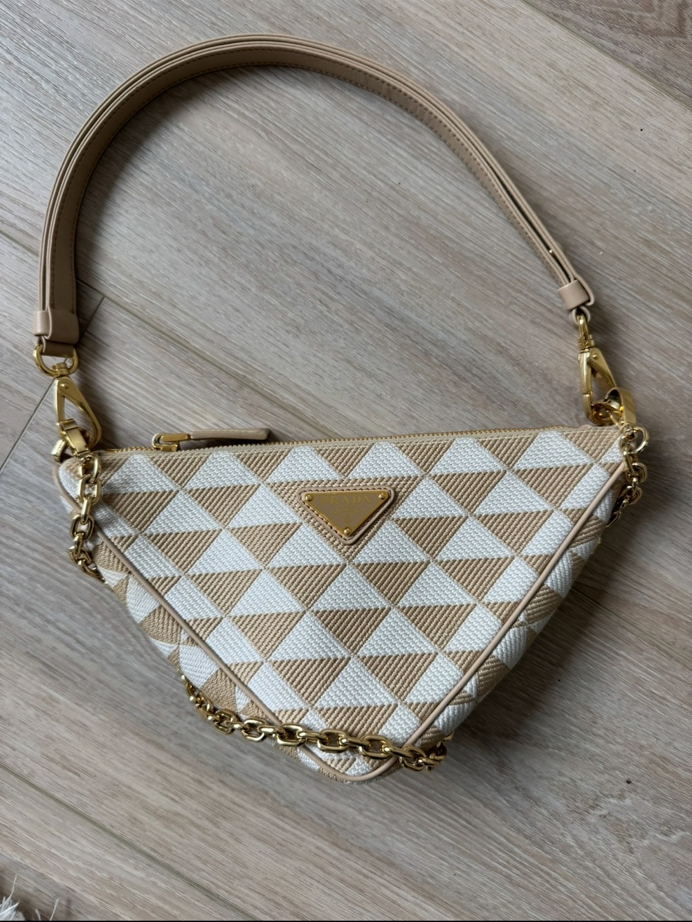 Prada Beige & White Triangle-Print Mini Shoulder Bag with Gold Chain - Picture 6 of 7